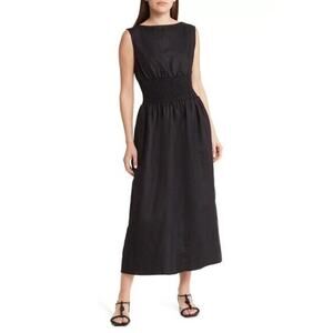 REFORMATION Davie Smocked Waist Linen Midi Dress Black Sleeveless Boat N…
